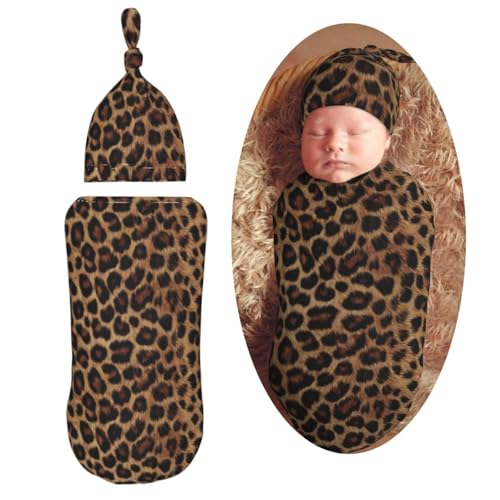 Image of Dark Light Brown Leopard Print Swaddle Blanket with Beanie Hat Set Newborn Swaddle Wrap Soft Baby Receiving Blankets Baby Swaddle Blanket for Baby Boys and Girls