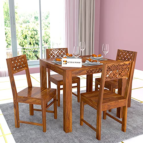 Image of KENDALWOOD Furniture | Sheesham Wood CNC Cuting Dining Table with Chairs & |1 Year Warranty | Dining Room Furniture | 4 Seater Dining Set, (Finish Color;-Honey Teak Finish) -DIY(Do-It-Yourself)