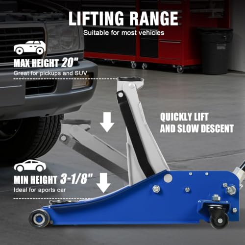 Image of Jack Boss 6600LBS Floor Jack, 3 Ton Capacity Car Jack, Low Profile Protable Hydraulic with Dual Pumps, Quilckly Lift and Slow Descent, Lifting Range 3-1 /8 inch Min to 20 inch Max Blue and Grey