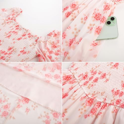 Image of Scarlet Darkness Floral Dress for Women Summer Puff Sleeve Square Neck A Line Flowy Wedding Guest Tea Party Dresses