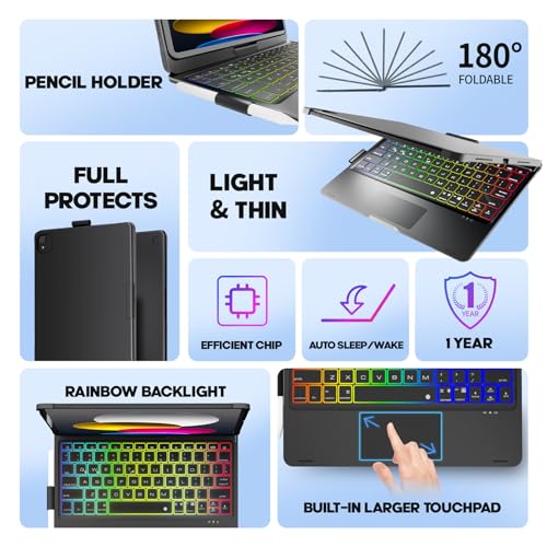 Image of NOKBABO for iPad 10th 11th (A16) Generation Case with Keyboard, iPad Air 11 inch case (M4 /M3 /M2), Keyboard for iPad Pro 11 (4th /3rd /2nd /1st) & iPad Air 5 /4, Trackpad, 360 Swivel, Backlit - Matt Black
