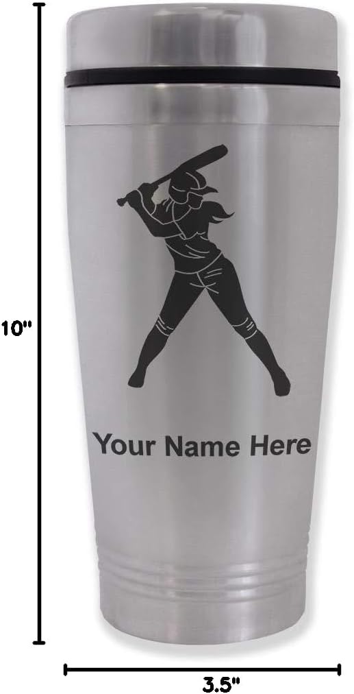 LaserGram 16oz Commuter Mug, Softball Player Woman, Personalized Engraving Included