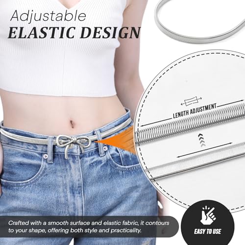 2 Pcs Bow Belts For Women, Skinny Gold Belt Waist Belt, Adjustable Stretchy Fashion Waistband With Bow-Knot for Dresses Jeans4