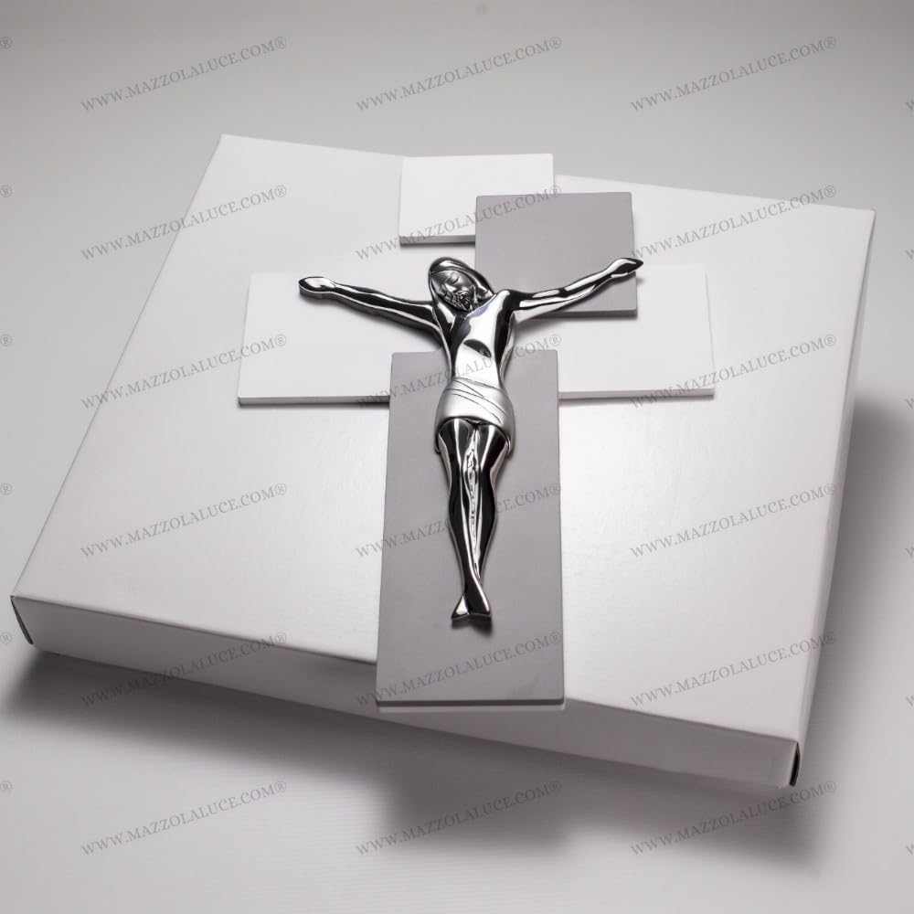 MEMORY SRL CROCIFISSO CROCE DA PARETE 42X30 MODERNO CRISTO COLORE ARGENTO LEGNO BIANCO GRIGIO ME12103G