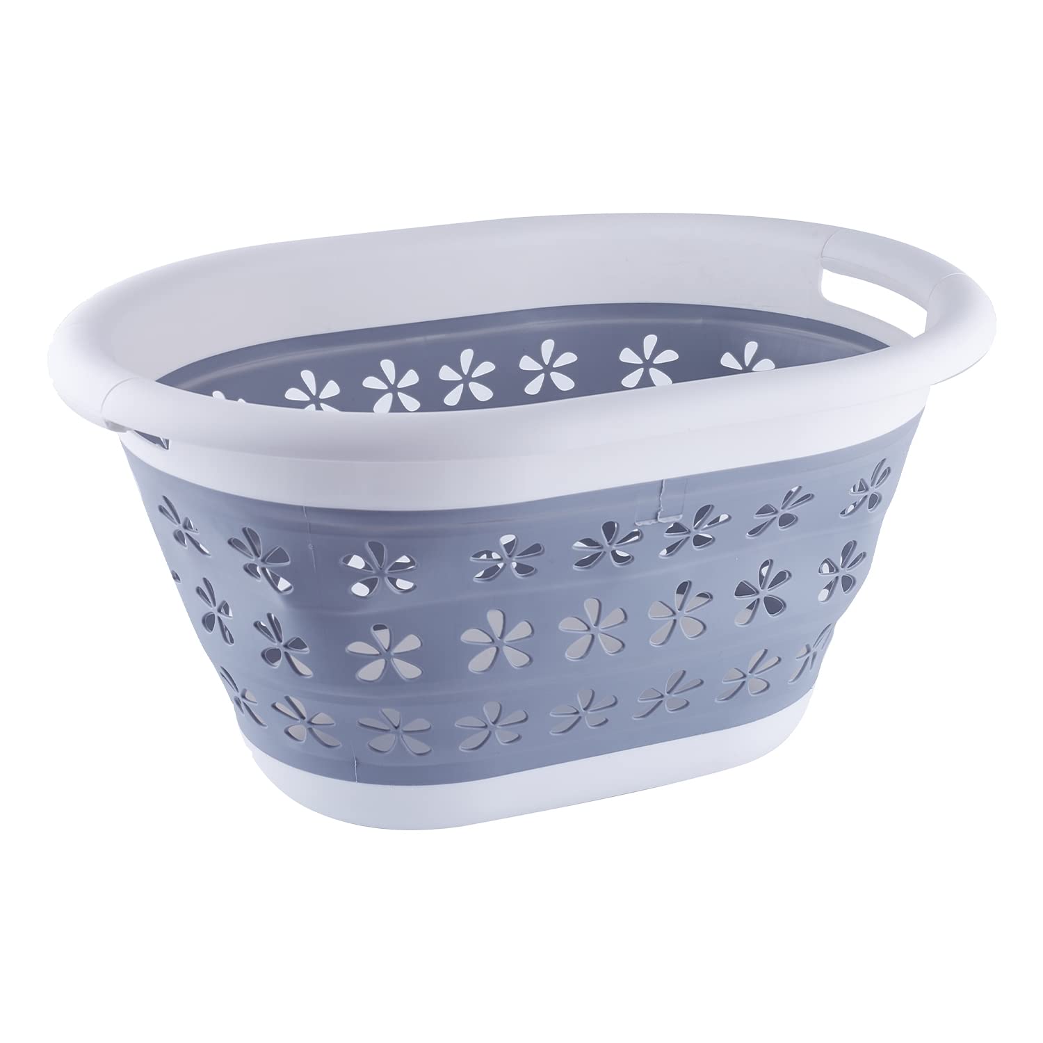 WedDecor Oval Foldable Laundry Basket 16L Collapsible Plastic Floral Laundry Basket Sturdy Folding Washing Bin Basket Clothes Storage Multi Purpose Container for Bedroom, Laundry, Grey