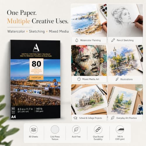 Image of ArtRight Artists' Watercolor Paper A4 300 GSM - 80 Sheets of Handmade Rough Grain Water Colour Papers for Watercolour, Acrylic, Gouache, Ink & Mixed Media