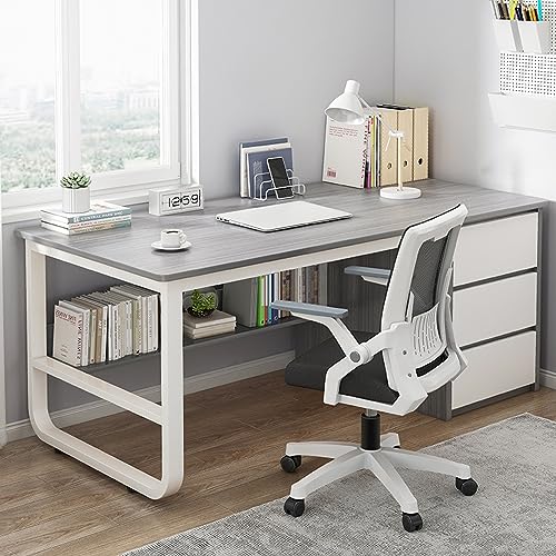 Escritorio moderno para computadora con estantería y 3 cajones para oficina en casa, color gris, mesa de estudio de 39 pulgadas