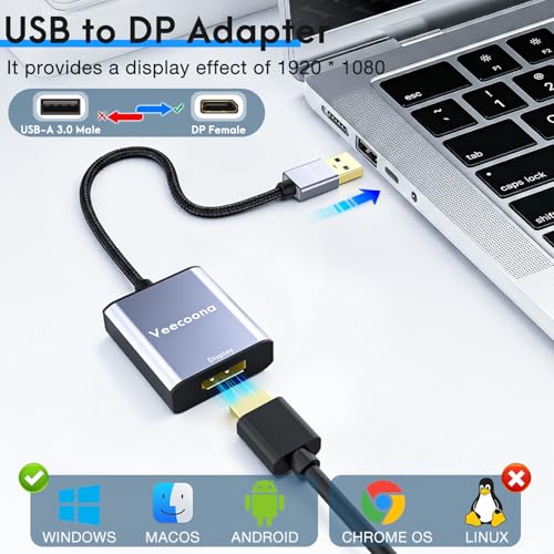 Image of USB to DisplayPort Adapter | 1080P 60Hz, USB 3.0 Male to DisplayPort Female Monitor Converter for Windows 7 /8 /10 /11, MAC OS - Requires Driver