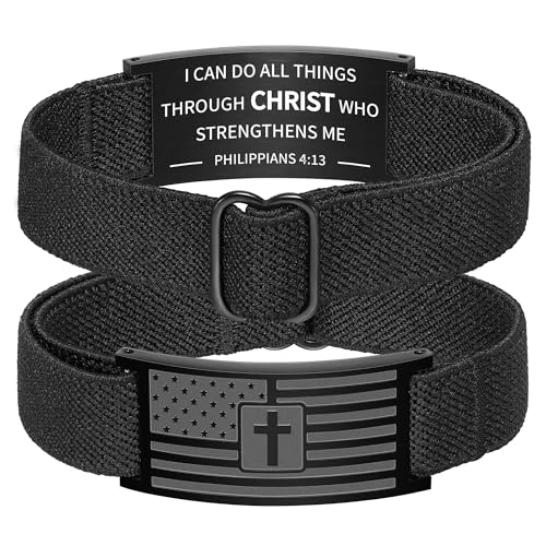 Zocomi American Flag Cross Bible Verse Bracelet for Men Boys, Black Elastic Stretch Strap Adjustable Bracelets Christian Jewelry Gifts