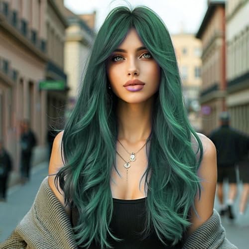 Green Wigs for Women,Long Green Wig with Bangs Curly Wavy