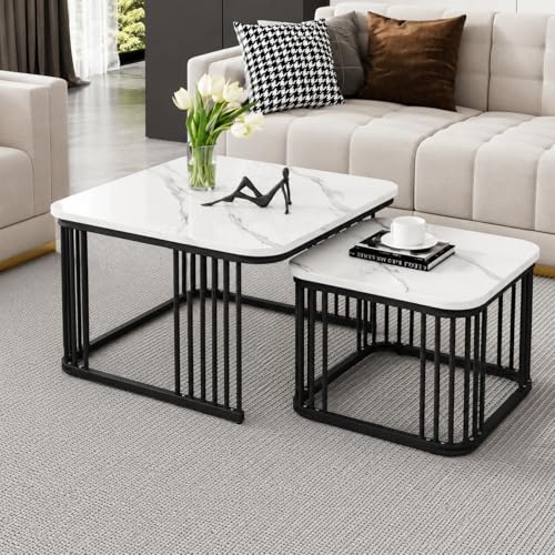 Image of Square Nesting Table Set of 2 - Marble MDF Top Coffee & Side Tables with Iron Frame for Living Room, Bedroom & Home Decor (Black & White, L-51x48 cm, S-41x41 cm)