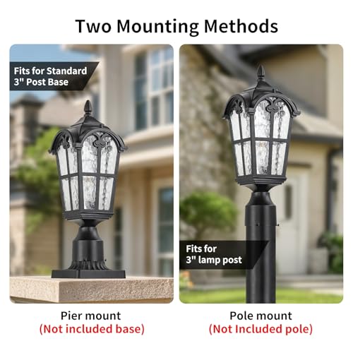2 Pack Outdoor Post Lighting Fixture for Entryway Garden Walkway Backyard, Waterproof Aluminum Pole Lantern Light with Pier Mount Base, Black Outdoor Lamp Post Lantern Light