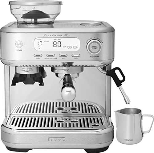 SENCOR Espressomaschine, Milchaufschäumer, Kaffeebohnenmühle, LCD-Bildschirm, Espressomaschine, Cappuccino, Espresso mit Barista Express-Mühle, Excellence Plus, großem Wasser- und Kaffeetank