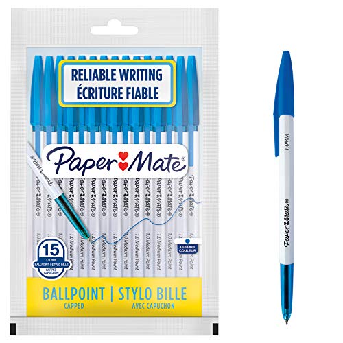 PAPER MATE Stylos à bille 045 - Pointe moyenne (1,0 mm) - Encre bleue - Lot de 15