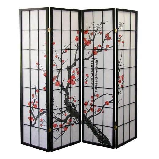 Roundhill Furniture Black Japanese 4-Panel Screen Room Divider, Plum Blossom