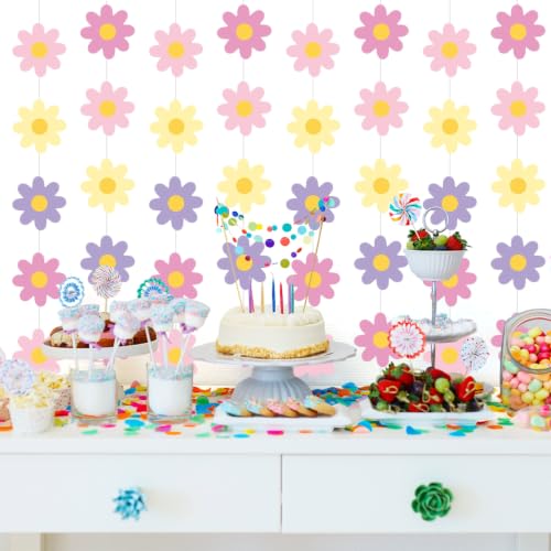 Image of Pasimy 8 Pcs Daisy Boho Party Decorations Groovy Daisy Paper Garlands White Flower Hanging Garland Banner Hippie Flower Cutouts for Birthday Shower Wedding Party Favor Supplies (Fresh,Pastel Pink)