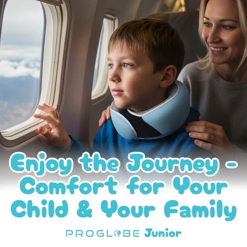 Image of Proglobe Junior Kids Travel Neck Pillow - Ergonomic Memory Foam Pillow for Airplane, Car, Booster Seat - Soft, Washable, Compact Travel Pillow with Strap - Light Blue - Ages 4-13