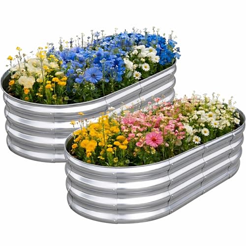 TATAANTY Galvanized Raised Garden Bed for Outdoor: 4X2X1ft Durable Metal Vegetable Plant Container Kit - Oval Planter Box for Gardening Flower Trough （2 Pack）
