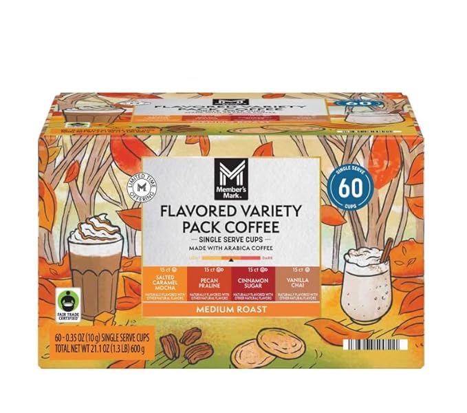 Member Mark Fall Flavored Coffee Pods Variety Pack, 60 Count – Salted Caramel Mocha, Pecan Praline, Cinnamon Sugar, Vanilla Chai