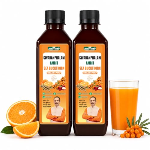Image of Jeena Sikho Swaranfalam Amrit Sea Buckthorn Berry Pulp /Juice Orange Flavour | Natural Vitamin C, Rich Omega 3 6 7 9, | Ayurvedic Immunity Juice | With Mango & Ashwagandha | Antioxidants For Immunity, Skin Glow & Gut Health, 500 ml, Pack of 2