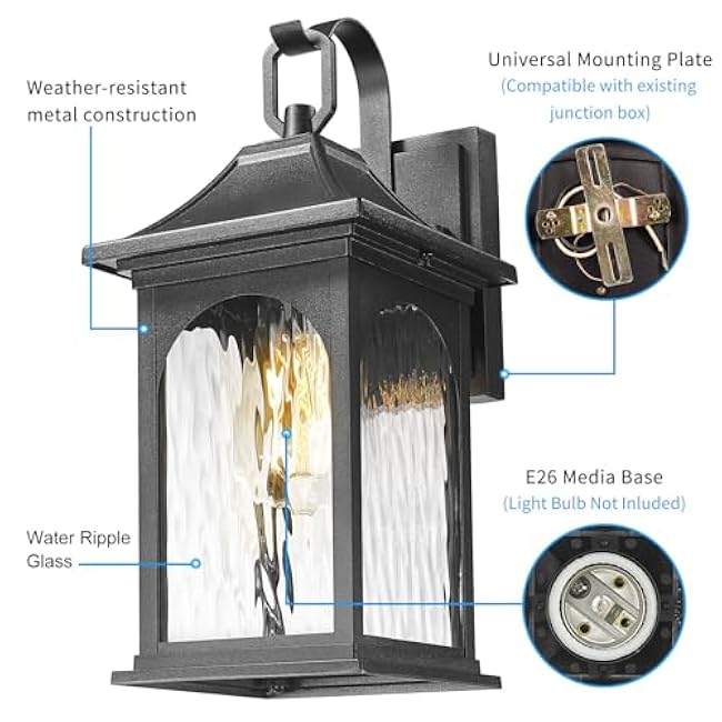 Outdoor Wall Mounted Lights 2-Pack Black Sconce with Water Ripple Glass