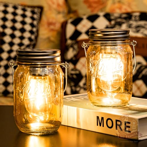 MJ PREMIER Mason Jar Lights Hanging,2-Pack Outdoor Garden Lanterns,Battery Operated Cordless Lamps,LED Bulb and Auto Timer,Patio,Indoor Lights for Camping Picnic Party Fireplace Hallway (Amber) - Cosy Home Interiors MJ PREMIER Mason Jar Lights Hanging,2-Pack Outdoor Garden Lanterns,Battery Operated Cordless Lamps,LED Bulb and Auto Timer,Patio,Indoor Lights for Camping Picnic Party Fireplace Hallway (Amber)