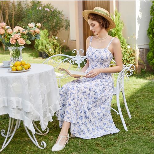 Image of Belle Poque Sun Dresses for Women Spring Summer Floral Midi Flowy Spaghetti Ruffle Wedding Guest Tea Party Dress