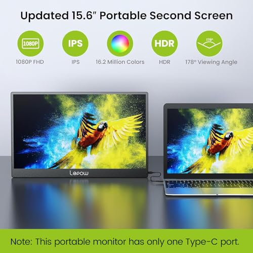 Image of Lepow Portable Monitor, 15.6 inch Portable Screen with 1080P FHD, IPS, HDR, Full-Function Type-C, Plug & Play, Smart Cover, Lightweight External Monitor for Laptop w /Full-Featured USB-c Port, PC, MacBook