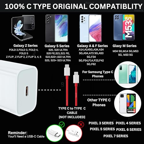 Image of Roarx Original Fast Charger for Samsung Galaxy A34 5g Type C Charger Original Adapter Compatible with Galaxy A34 Charger Original 25w Adaptor 25 watt USB Type C to C PD Fast Charging Adapter C Type