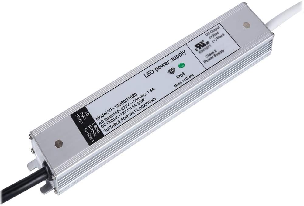 (UL Listed) Ultra-Thin 12 Volt 60 Watt LED Power Supply Low Profile, IP67 Waterproof 60W AC/DC LED Adapter, 12V DC LED Driver, 12V Transformer, LED Converter, 12V 5A Power Supply
