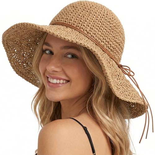 Image of Beach Sun Straw Hats for Women, Floppy Wide Brim Summer Straw Hats, Foldable Packable Roll up Cap