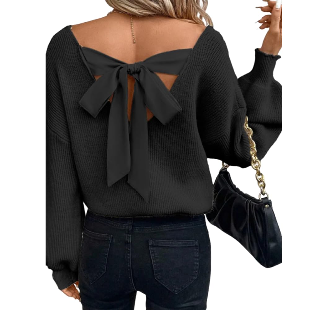 Melliflo Womens Open Back Bow Tie Knit Sweater Ribbed Puff Long Sleeve V Neck Drop Shoulder Sweaters Loose