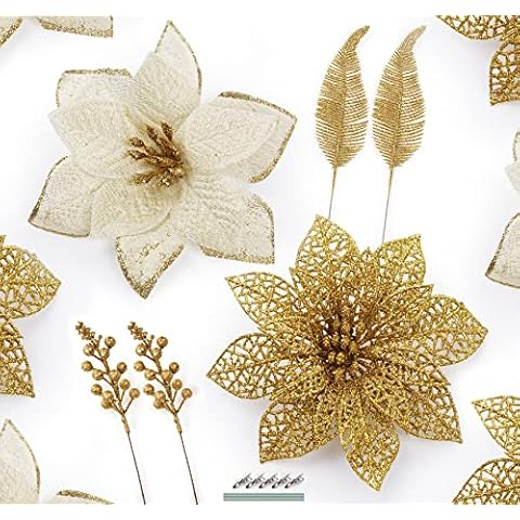 HOUISM 32PCS Christmas Glitter Poinsettia Flowers Artificial Xmas Flowers Set with Glitter Berry Stems Glitter Leaves and 20 Clips for Xmas Tree Ornament Holiday Party Wreath Garland Decor, Gold Cover