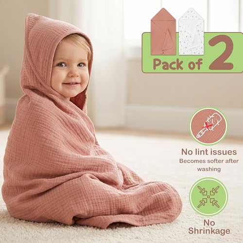 Image of 100% Organic Cotton Muslin Baby Hooded Towel, 32x32 in, Cinnamon & Wildflower, 2 Pack, Soft Absorbent 4-Layer Hooded Bath Towel for Newborns & Toddlers, Boys, Girls, Oeko-TEX