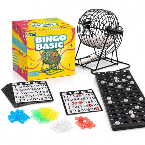 Kyto Bingo Spiel Metalltrommel 18 Bingotickets 75 Bingo Kugeln 150 Chips Spielbrett schwarz...