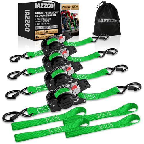 Image of Retractable Ratchet Straps (4-Pack) - 1 in x 10 Ft (1800 LB Break Strength) Heavy Duty Self Retracting Ratchet Straps with Soft Loops & Storage Bag for Household, Motorcycle, Truck, ATV(Green)