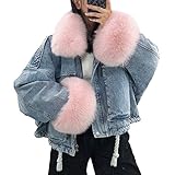 Minetom Damen Winter Plüsch Gefütterte Kragen Denim Jacken Langarm Jeansjacke Fleecejacke Mantel Warme Winterjacke mit Kordelzug Blau Rosa 42