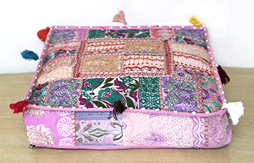 CRAFT KALA Indian Square Patchwork Traditional Pouf Cover Indian Living Room Poufs Decorative Embroidered Designer Ottoman Home Living Footstool Chair Cover Decor Pillow Cover 16x16x5 inches Baby Pink