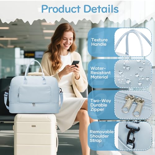 Image of Travel Duffle Bag,Weekender Bags for Women with Shoe Compartment Personal Item Travel Bag Carry on Overnight Bags For Airplanes Gym Duffel Bag with Wet Pocket Hospital Bag for Labor and Delivery Blue