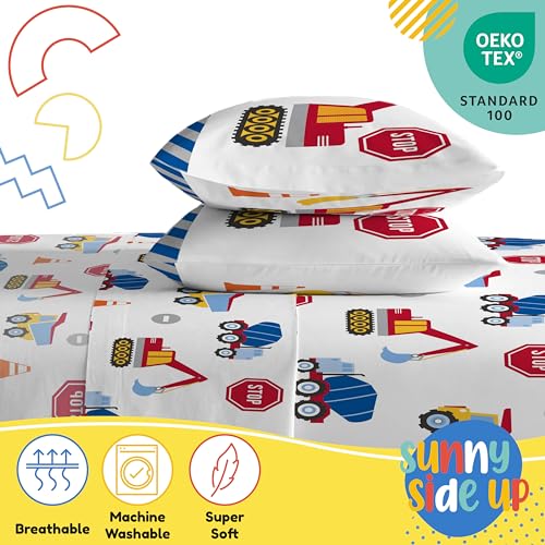 Image of Sunny Side Up Construction Zone Full Sheet Set - 4 Piece Kids Bedding Set Includes Pillow Cover - Super Soft Trucks Microfiber Sheets