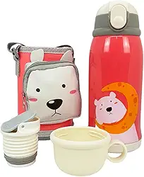 Garrafa Térmica Infantil Bebê Escola Parede Dupla Inox 550ML 2em1 +Suporte (ROSA)