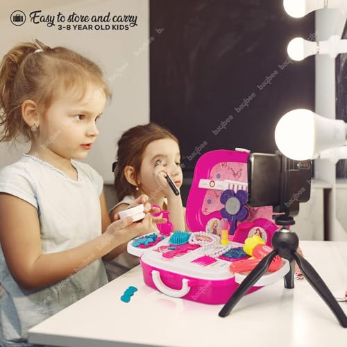 Image of Baybee Beauty Set Toys for Girls | Kids Makeup Set with Role Play Toys with Make up Table, Hair Accessories & Styling Tools, Portable Toy Set for Girls 3+ Years (Yellow)