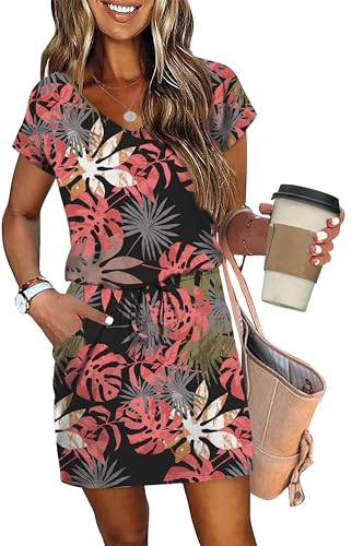 Image of OFEEFAN Summer Dresses for Women 2026 V Neck T Shirt Casual Mini Dresses Tie Waist Sundresses with Pockets