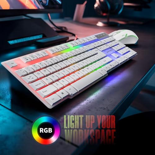 Image of Intex IT-KB334 Wired Gaming Keyboard Mouse Combo RGB Backlit 104 Keys Spill Resistant USB Plug and Play Optical Mouse for PC Laptop Desktop Computer Gaming Office Home Use (White)