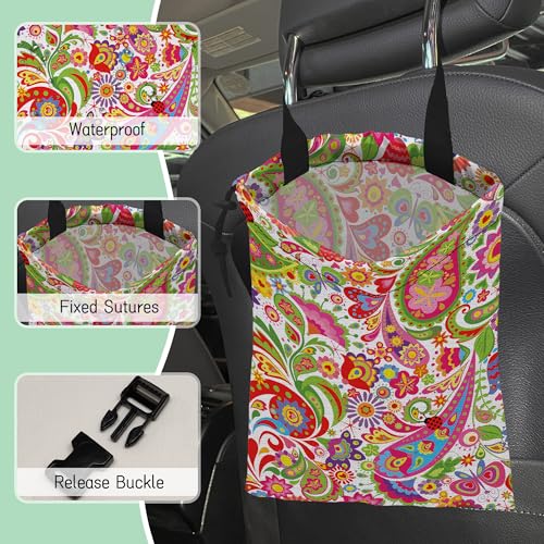 Image of Colorful Paisley Car Garbage Bag,Ethnic Floral Waterproof Small Car Trash Bag Hanging Back of Seat,Drawstring Hanging Car Trash Bag with Adjustable Buckle for Car Accessories