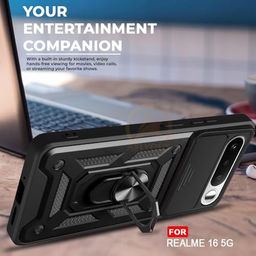 Image of Armor Bumper Back Cover Case for Realme 16 5G | Rotating Camera Cover, Ring Holder & Kickstand | Heavy Duty & 360 Degree Protection Realme 16 5G Back Cover (Black)
