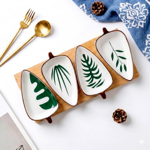 Image of Birch & Co. Ceramic Leaf Serving Platter Set with Wooden Tray - Set of 4 Leaf-Shaped Snack Plates - Serving Tray for Dry Fruits, Sweets, Snacks, Decorative Tableware for Home & Parties, Green