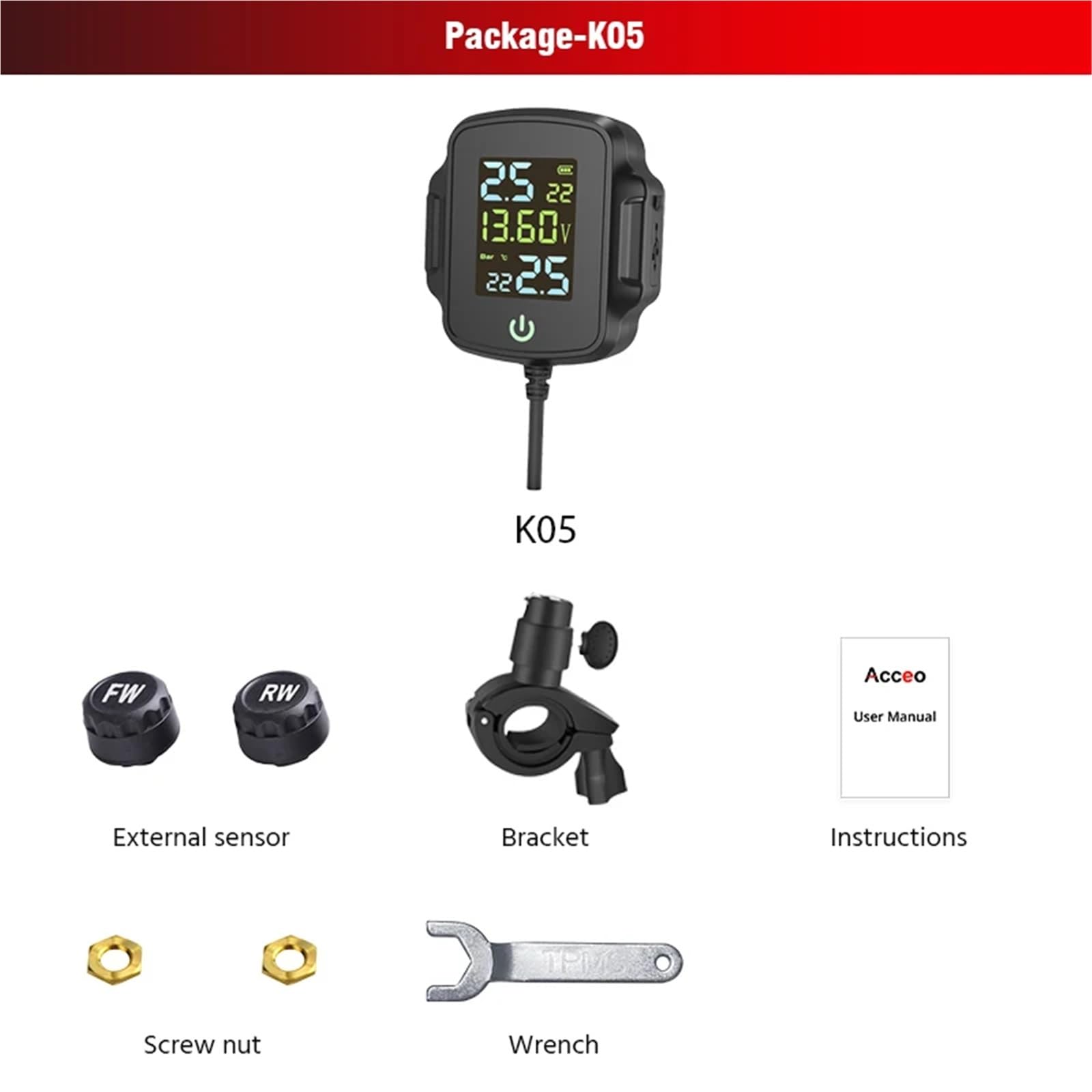 Sistema di Allarme for la Temperatura dei Pneumatici TPMS for Moto con Ricarica USB e Uscita Rapida monitoraggio dell'Allarme for for(K05-External)