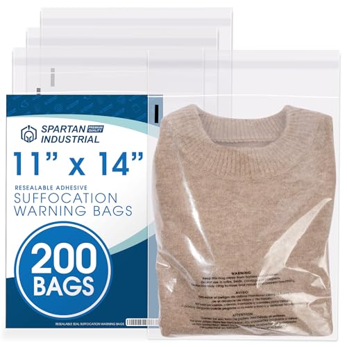 Spartan Industrial - 11” X 14” (200 Count) Self Seal Clear Poly Bags with Suffocation Warning for Packaging, T Shirts & - Resealable Glue
