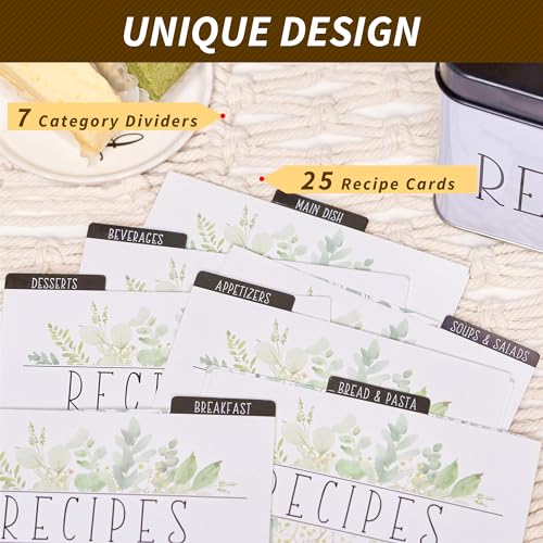 GENMOUS & CO. Recipe Cards and Box Set, Farmhouse Recipe Holder, Tin Recipe Box with 25 4x6 Recipe Cards & 7 Recipe Card Dividers
